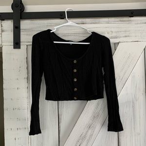 Black Crop Top Waffle Sweater